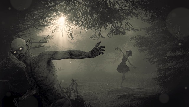 ballerina in spooky forest with zombie