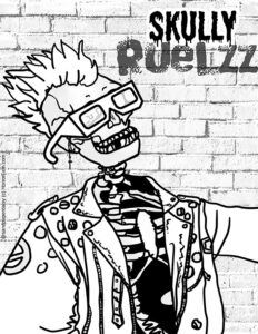 a punk skeleton with piercings and a mohawk in a leather jacket available for free download as a coloring page from Horrorfam