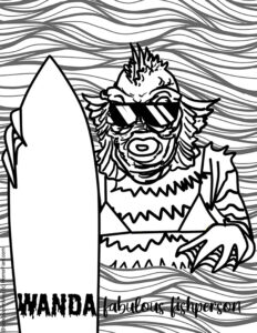 a fabulous fishperson or black lagoon creature with a sufboard and a bikini available for free download as a coloring page from Horrorfam