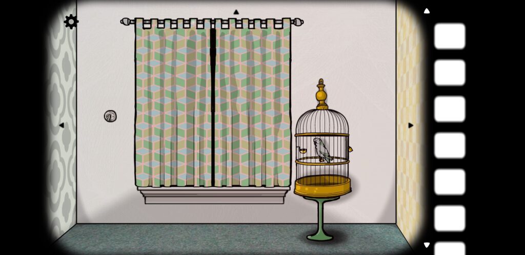 screenshot from Cube Escape: Seasons featuring a wall with a window and a parrot (Harvey) in a cage
