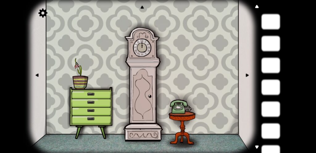 screenshot from Cube Escape: Seasons showing a wall with a clock, a dresser, and a telephone