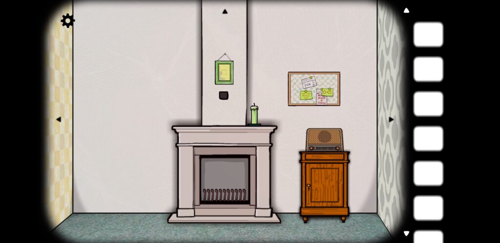 Screenshot from Cube Escape: Seasons featuring a fireplace, a picture frame, a radio, and a bulletin board.