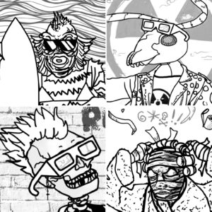 Samples of black and white drawings for coloring of a variety of monsters including a swamp creature fishman, a mutant giant ant, a punk skeleton and an angry mummy in a bathrobe.