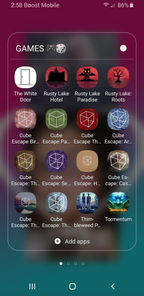 Screenshot of Lauren Spear's mobile games folder featuring all the Rusty Lake games.