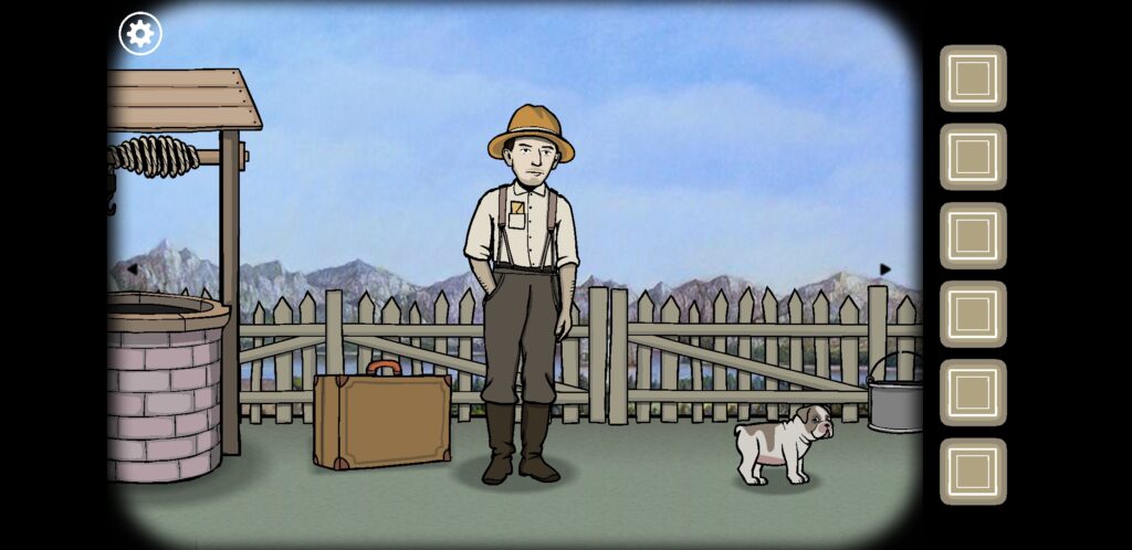 Screenshot from Rusty Lake: Roots - James Vanderboom and his dog (you're not trapped in a room in this one!)