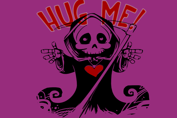 cute grim reaper illustration asking for a hug