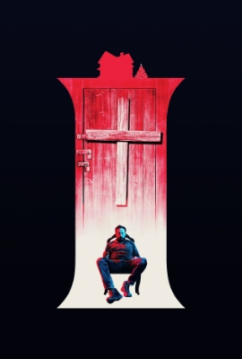 Man loafing in front of a spooky red door with a cross in I Trapped the Devil