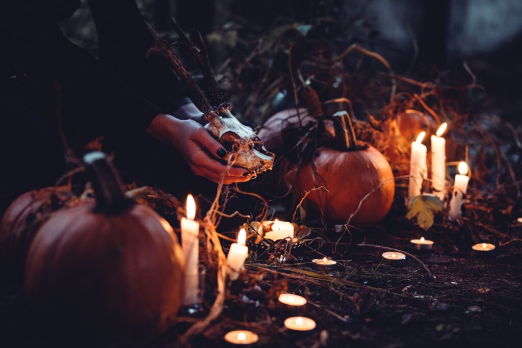 Photo of hands cradling and animal skull, pumpkins, and candles