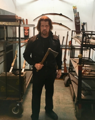 Kyle Hester, getting ready for some horror-action in the "weapons room," behind-the-scenes of Preacher Six!
