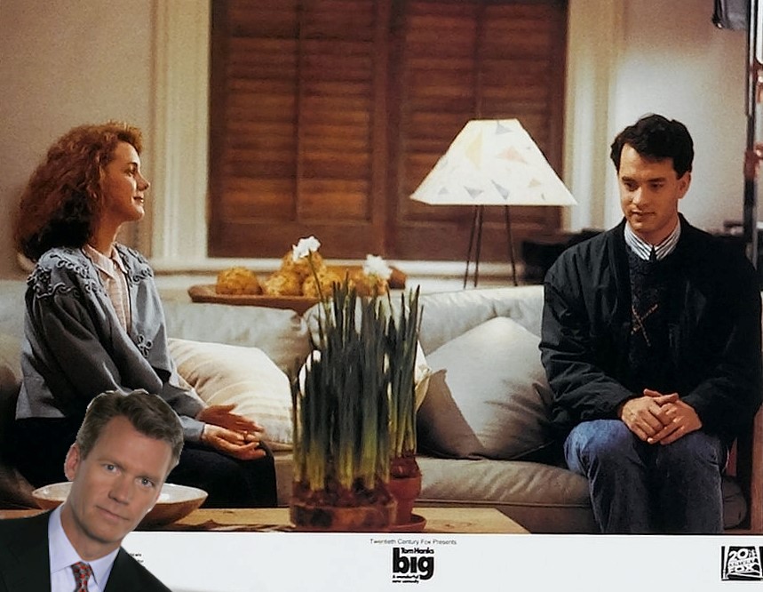 Screenshot of Susan and "adult" Josh sitting on a couch in Big with Catch a Predator's Chris Hansen peeking in with his "take a seat" face