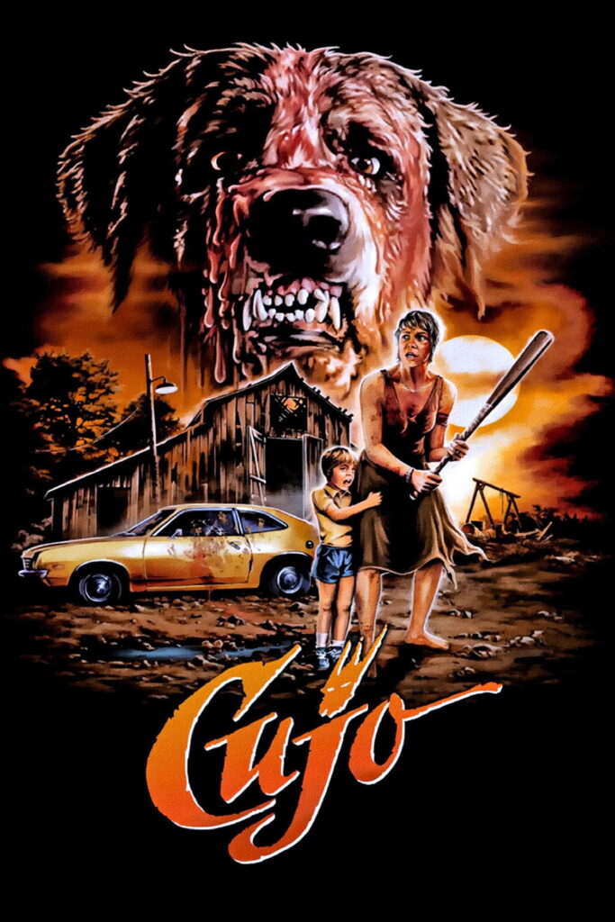 1983 Cujo movie poster with mom (Dee Wallance) and kid standing in front of a barn lookin' scared while a big St. Bernard dog's face looms in the background, fangs bared and mouth foamy