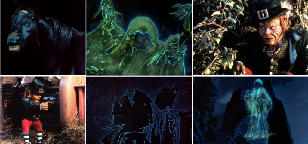 screenshots: horse/kelpie, banshee, leprechaun, leprechaun again, headless driver of the Death Coach, banshee again