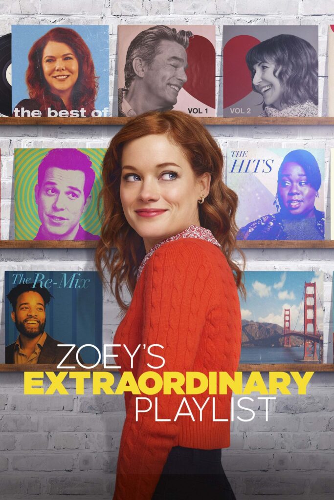 poster for 2020 TV show Zoey's Extraordinary Playlist showing a pretty redhead smiling over her shoulder at a bunch of records in the background that have trapped the souls of her friends within their covers