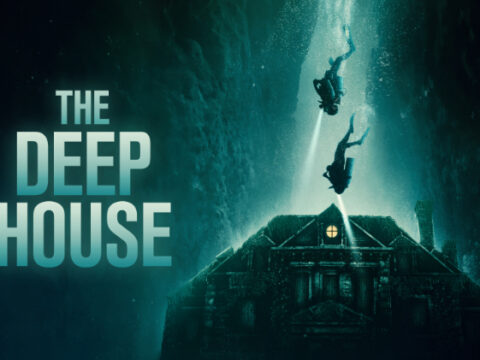 Movie poster showing a house underwater with two scuba divers swimming downward towards it. Text written over it reads "The Deep House"