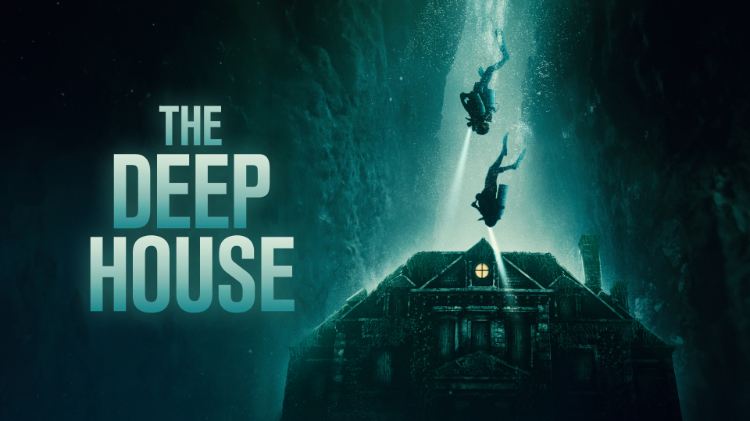 Movie poster showing a house underwater with two scuba divers swimming downward towards it. Text written over it reads "The Deep House"