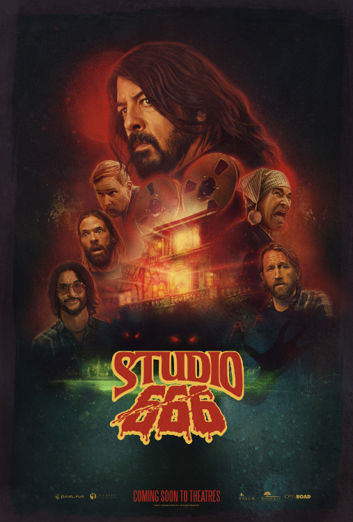 2022 Studio 666 movie poster showing an illustration/painting of Dave Grohl and his bandmates looking around handsomely and a haunted house in the backgound and some film reels and some spooky red eyes peeking out from some bushes and the title. I'm describing it horribly probably...um...if you're reading this, feel free to send me a note for what would be better/more helpful in terms of making images more accessible for you. I want to do a good job but I'm not sure what's important or not. It's a nice poster! It's red and green mostly. I think? It might be red and blue... I get green and blue mixed up. I'm sorry.