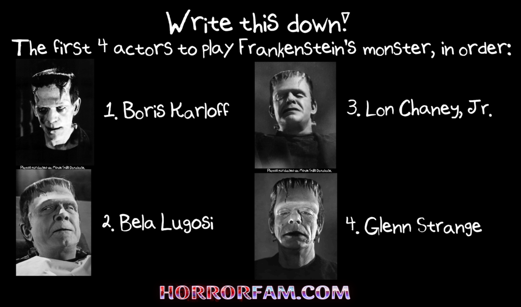 Photos of the first four actors to play Frankenstein's monster in order: Boris Karloff, Bela Lugosi, Lon Chaney Jr., and Glenn Strange