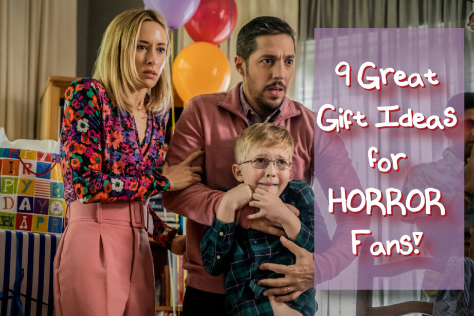 Smile 2022 horror birthday party with the title text "9 Great Gift Ideas for Horror Fans" over the image with humorous intent (because everyone in the scene looks scared/afraid of the gifts lol)