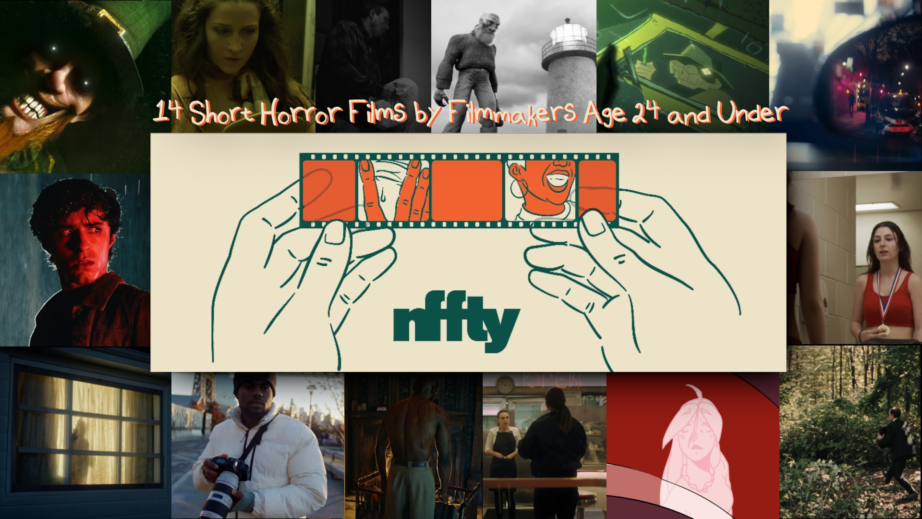 An enticing circle of images taken from 14 horror films with the NFFTY film festival logo in the center