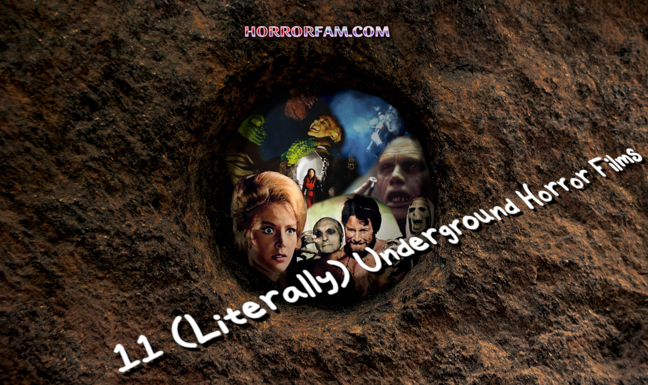 11 (Literally) Underground Horror Films Underground Horror Films - image of a hole in the ground that shows a collage of horror characters like the Mole People and Bub from Day of the Dead at the bottom.