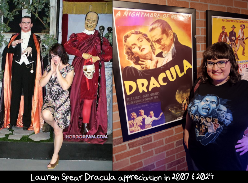 Lauren Spear age at 22 and age 39 posing next to Dracula