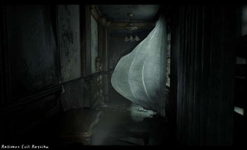 Spooky curtain blowing in the wind in Resident Evil Requiem. It's giving Total Eclipse of the Heart but the hallway is creepier and anyone with weird eyes will probably attack you rather than sing the back-up chorus.