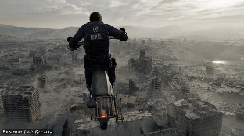 Leon Kennedy jumping over the ruins of Raccoon City on his motorcycle in Resident Evil Requiem