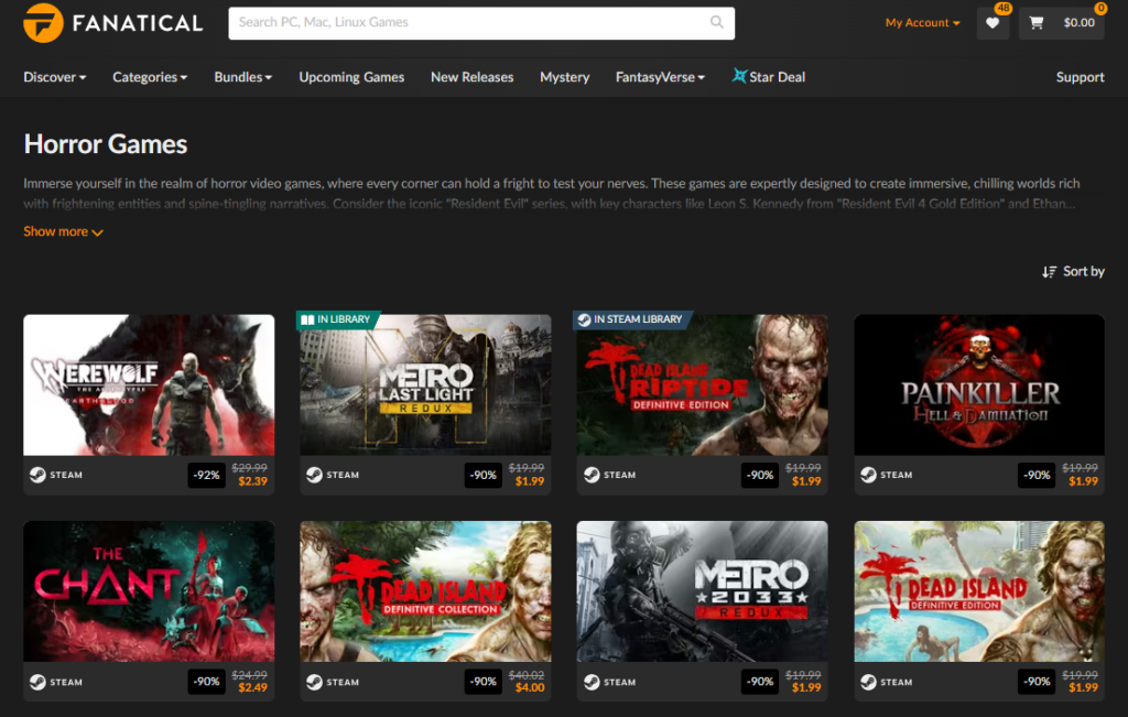 A May 2026 screenshot taken by Lauren Spear of the horror games section of Fanatical - clicking it takes you to the current version of that page via HorrorFam.com's Fanatical affiliate link.